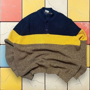 Color Block Knit Sweater Jumper y2k Mens Izod Striped Mock Neck Button Size XL